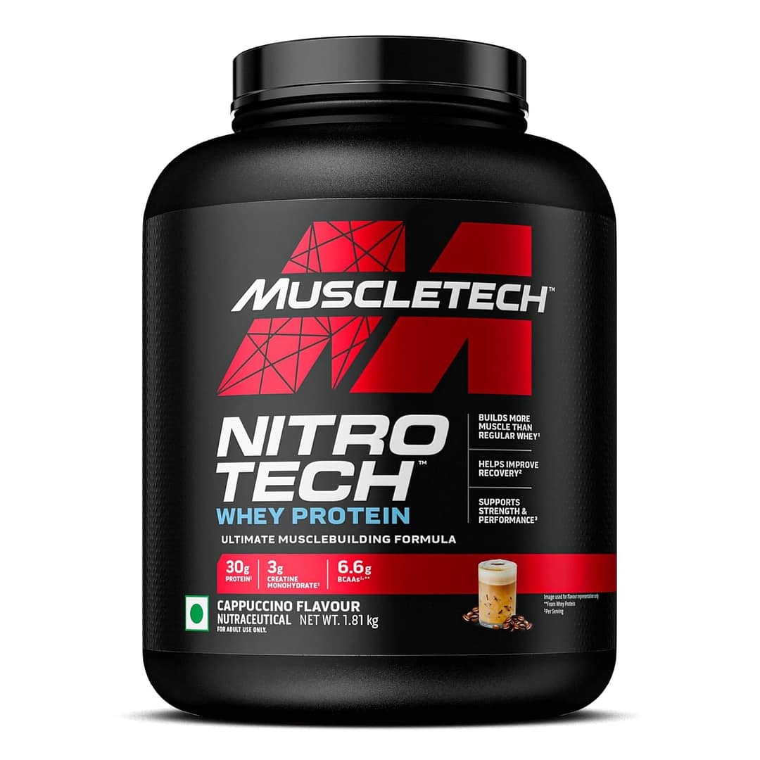 719i8lB3nOL._SL1500_.jpg MuscleTech Nitro-Tech Whey Protein, 1.81Kg (4lbs), Cappuccino, 30g Protein, 3g creatine monohydrate, 6.7g BCAA, ultimate muscle building formula, increase strength & performance - Image 1