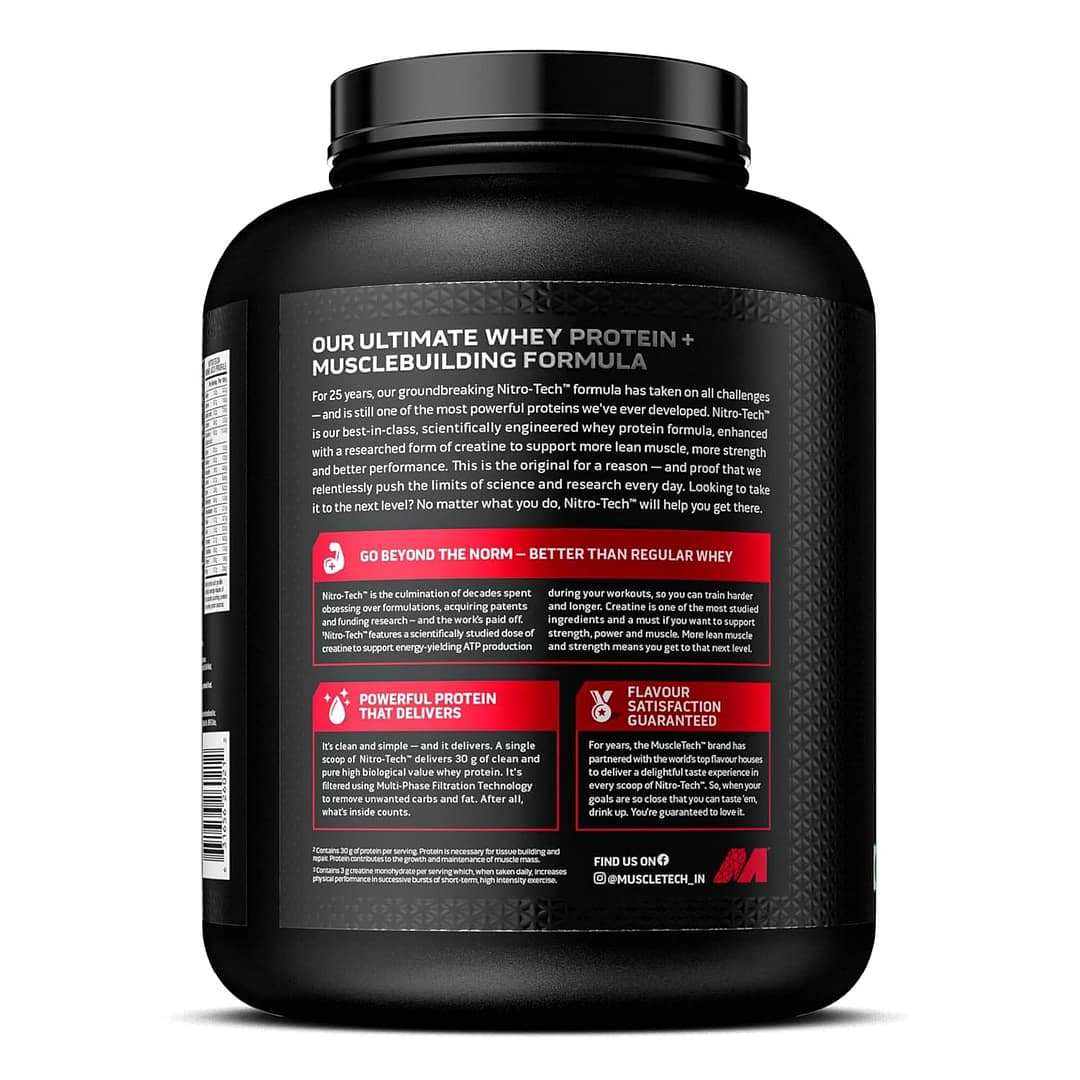 MuscleTech Nitro-Tech Whey Protein, 1.81Kg (4lbs), Cappuccino, 30g Protein, 3g creatine monohydrate, 6.7g BCAA, ultimate muscle building formula, increase strength & performance - Image 3