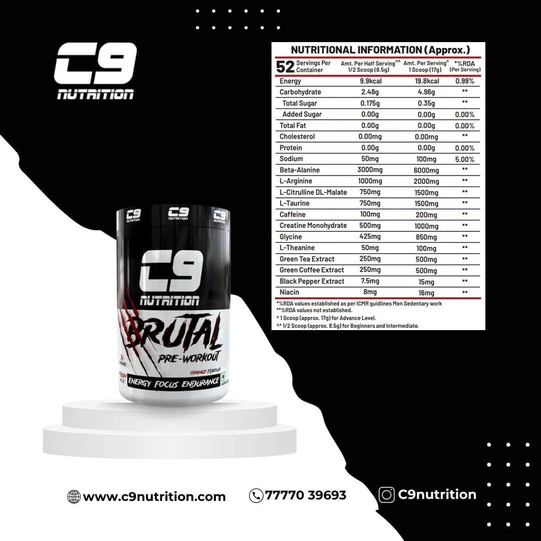 C9 Nutrition Brutal Pre-Workout | 200mg Caffeine, 52 Servings | Vegetarian, 450g - Image 4