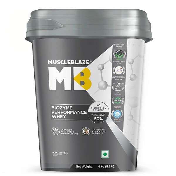 MuscleBlaze Biozyme Performance Whey – Advanced Absorption Whey Protein for Lean Muscle & Strength 4 Kg